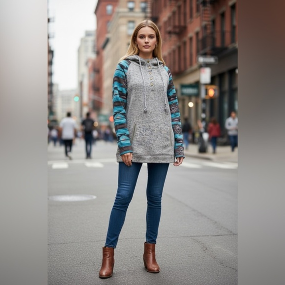 Sheilay Gray and Teal Aztec Western Boho Ranchwear Hoodie M